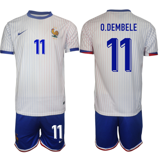 Men's France #11 Ousmane Dembélé White 2024-25 Away Soccer Jersey Suit